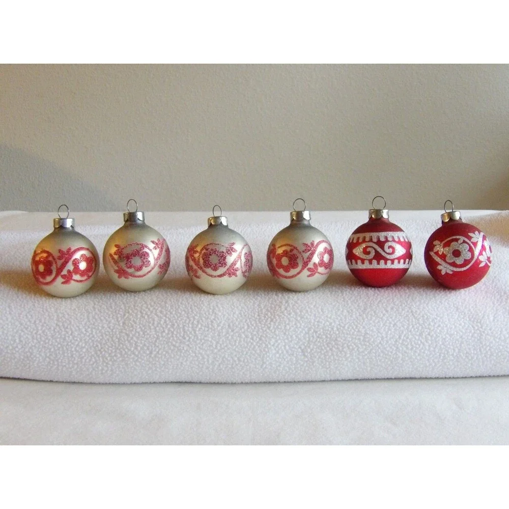 Vintage Lot 6x Glass Ball Red White Glitter Christmas Ornament Flower 1.75